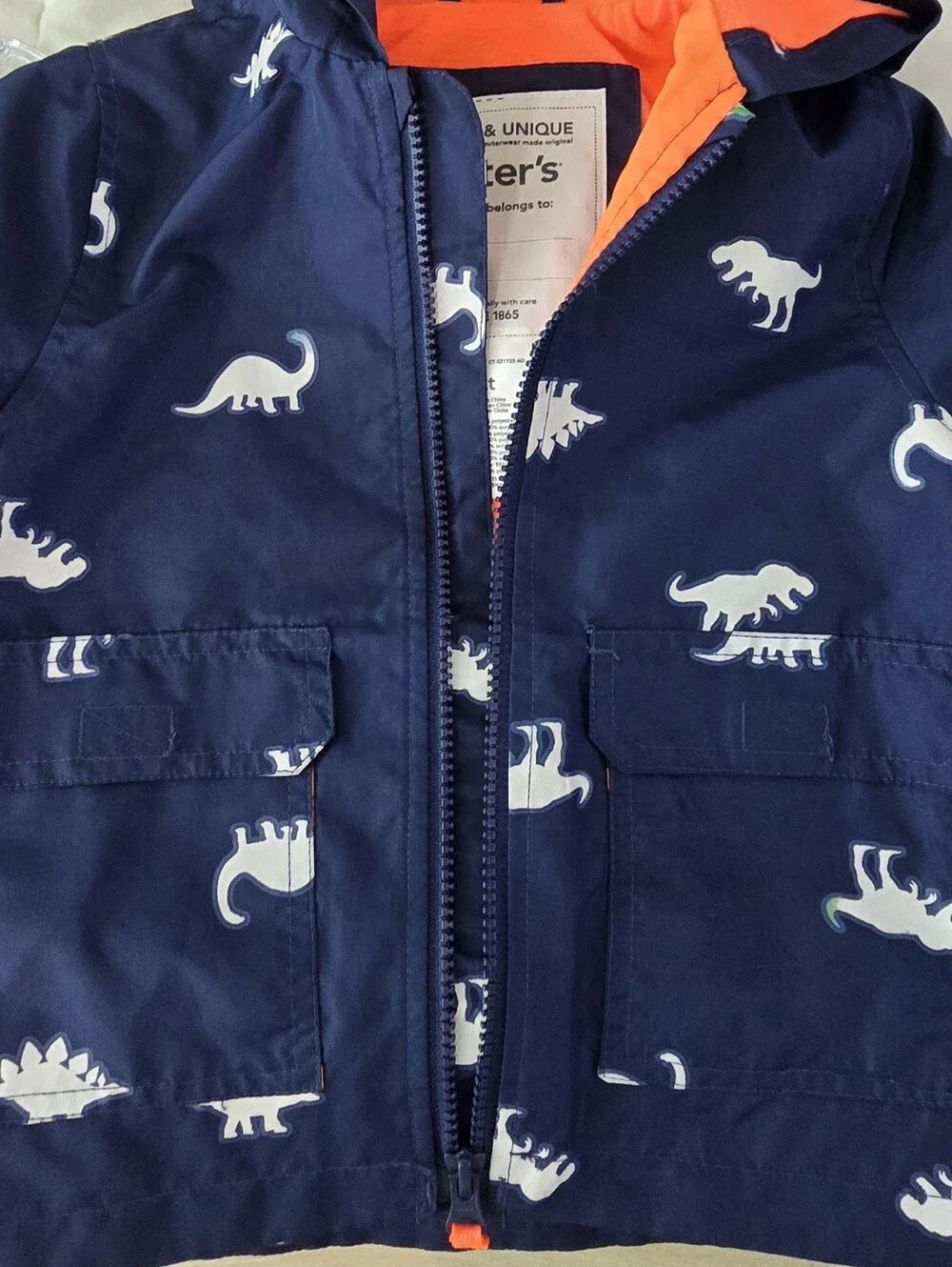 Carter's Navy Hooded Raincoat with Orange Lining and White Dino Print
